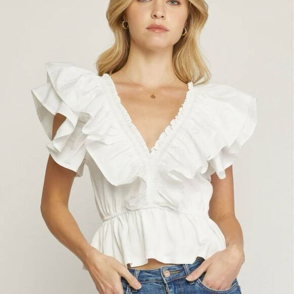 Zara White Ruffle Flounce Sleeve V-Neck Peplum Top - Picture 2 of 11